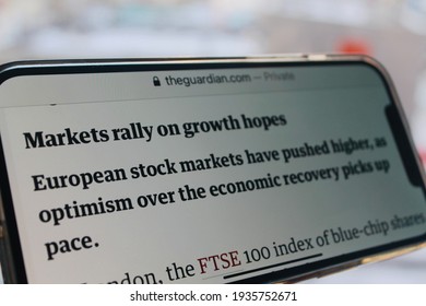 Moscow, Russia - 9 March 2021: The Guardian News With Markets Rally On Growth Hopes, European Stock Markets Have Pushed Higher, As Optimism Over The Economic Recovery Picks Up Pace Headlines.