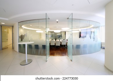 MOSCOW, RUSSIA - APR 10, 2014: Glass Walls And Open Door To Empty Conference Room In Office Of Moscow Exchange