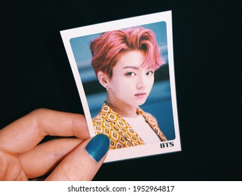 Moscow, Russia - April 01, 2021: BTS Merchandise - Jungkook Photo Card; BTS Aka The Bangtan Boys, Is A Seven-member South Korean K-pop Boy Band