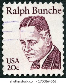 MOSCOW, RUSSIA - APRIL 06, 2020: A Stamp Printed In USA Shows Portrait Ralph Johnson Bunche (1904-1971), Great Americans, 1980