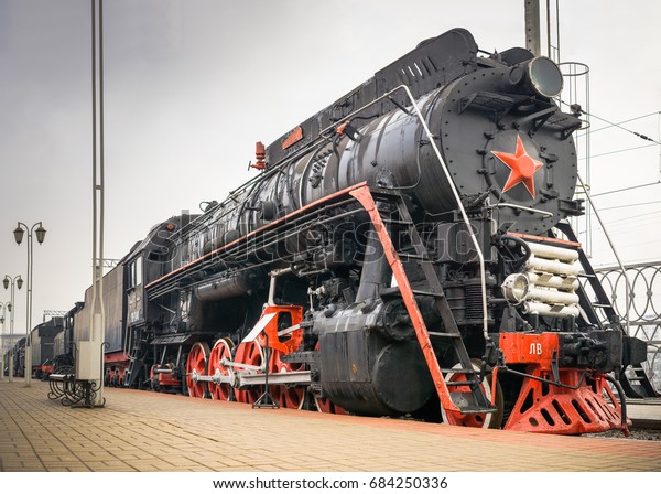 MOSCOW, RUSSIA - APRIL 07, 2017: Soviet vintage\
steam locomotive in steampunk style at the exhibition of railway\
transport in Moscow