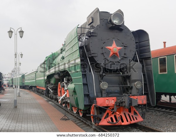 MOSCOW,\
RUSSIA - APRIL 07, 2017: Russian retro train in steampunk style at\
the exhibition of railway transport in\
Moscow