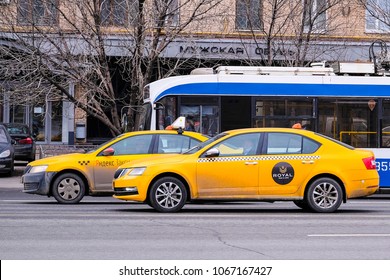 Moscow, Russia - April, 08, 2018: Taxi on a parking in a center of Moscow 