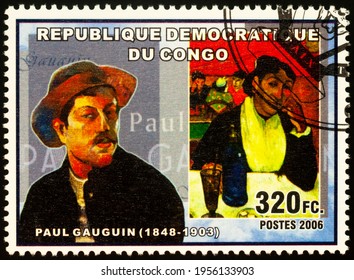 Moscow, Russia - April 14, 2021: stamp printed in Congo shows Portrait of French post-Impressionist artist Paul Gauguin and his picture, circa 2011