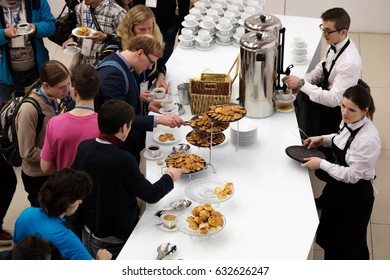 Moscow, Russia - April 15, 2017: Visitors Have A Lunch In A Cafe At Coffee Break At Velocongress. Fast Speed Time Lapse