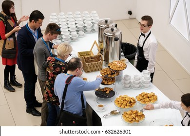 Moscow, Russia - April 15, 2017: Visitors Have A Lunch In A Cafe At Coffee Break At Velocongress. Fast Speed Time Lapse