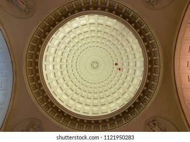 MOSCOW, RUSSIA- APRIL 15, 2018: Interior ceiling with red air balloons of heart form are flying at top in Metro station Park Kultury (Koltsevaya Line) in 