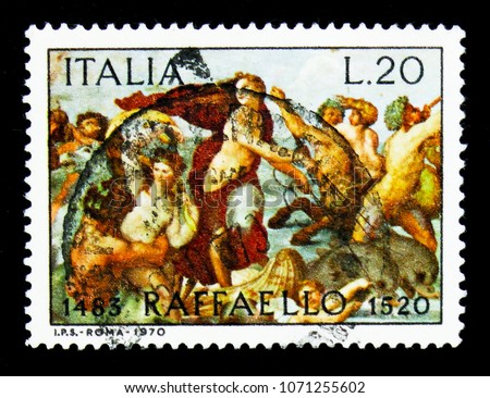 MOSCOW, RUSSIA - APRIL 15, 2018: A stamp printed in Italy shows Raffaello Santi, Raphael, serie, circa 1970