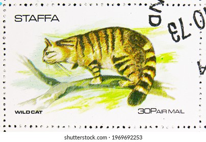 MOSCOW, RUSSIA - APRIL 17, 2021: Postage Stamp Printed In Cinderellas Shows Fauna, Wild Cat, Staffa Scotland Serie, Circa 1973