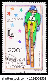 MOSCOW, RUSSIA - APRIL 18, 2020: Postage Stamp Printed In Congo Shows Ski Jumping, Winter Olympics 1980, Lake Placid Serie, Circa 1979