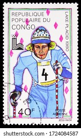 MOSCOW, RUSSIA - APRIL 18, 2020: Postage Stamp Printed In Congo Shows , Winter Olympics 1980, Lake Placid Serie, Circa 1979