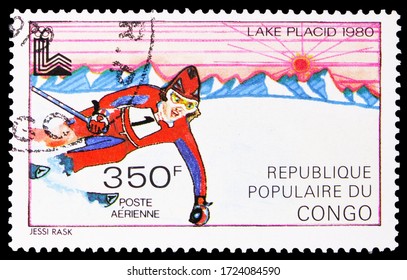 MOSCOW, RUSSIA - APRIL 18, 2020: Postage Stamp Printed In Congo Shows Downhill, Winter Olympics 1980, Lake Placid Serie, Circa 1979