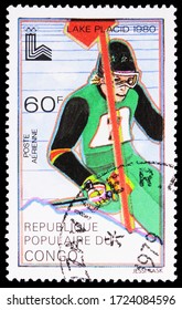 MOSCOW, RUSSIA - APRIL 18, 2020: Postage Stamp Printed In Congo Shows Slalom, Winter Olympics 1980, Lake Placid Serie, Circa 1979