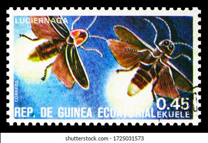 MOSCOW, RUSSIA - APRIL 18, 2020: Postage stamp printed in Equatorial Guinea shows Firefly (Lampyridae sp.), Insects serie, circa 1978