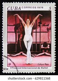 MOSCOW, RUSSIA - APRIL 2, 2017: A Post Stamp Printed In Cuba Shows Scene From Ballet Oedipus Rex, 5th International Ballet Festival, Havana, Circa 1976