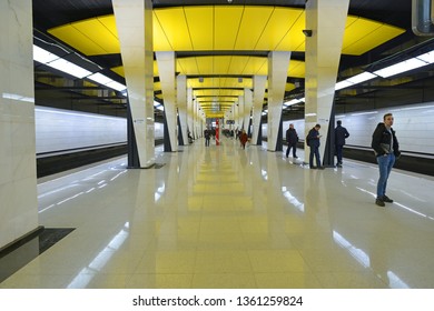 MOSCOW, RUSSIA - APRIL 2, 2019: Shelepikha, Station On Bolshaya Koltsevaya Line Of Moscow Metro. Passengers At Station