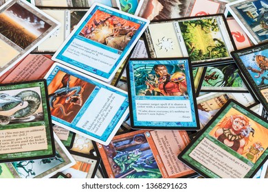 MOSCOW, RUSSIA - APRIL 2, 2019: surface from cards of Magic: The Gathering board game. Magic was the first trading card game, it was released in 1993 by Wizards of the Coast