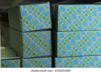 Moscow, Russia - April 20, 2022. Boxes Of Phoenix Contact Electronic Components On The Shelves In The Warehouse Of The Production Hall. Editorial Use Only.