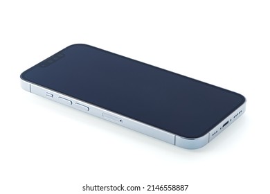 Moscow, Russia, April, 2022 - Brand New Sierra Blue Iphone 13 Pro Smartphone Isolated On White Background. Smartphone Black Screen. Apple Gadgets.