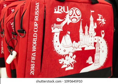 MOSCOW, RUSSIA - April 21, 2018: Red Laptop Bag In A Gift Shop With World Cup FIFA 2018 Mundial Symbols. Souvenir Store