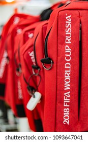 MOSCOW, RUSSIA - April 21, 2018: Red Laptop Bag In A Gift Shop With World Cup FIFA 2018 Mundial Symbols. Souvenir Store