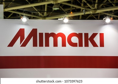 Moscow, Russia - April, 2108: Mimaki company logo printed on banner. Mimaki Engineering is a global industry manufacturer of wide-format inkjet printers, cutting plotters