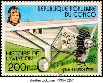 MOSCOW, RUSSIA - APRIL 22, 2016: A Stamp Printed In Congo Shows American Pilot Charles Lindbergh And His Plane Spirit Of St.Louis (1927), Series 