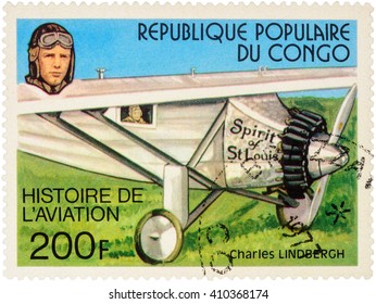 MOSCOW, RUSSIA - APRIL 22, 2016: A Stamp Printed In Congo Shows American Pilot Charles Lindbergh And His Plane Spirit Of St.Louis (1927), Series 