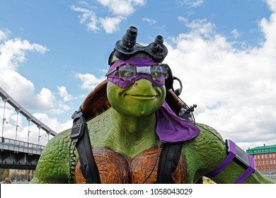 Moscow, Russia - April 23, 2016: Portrait of teenage mutant ninja turtle Donatello figure in the park Muzeon in Moscow