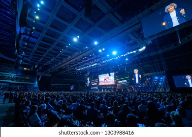 Moscow - Russia, April 23, 2018: People Attend Business Conference In Congress Hall At Synergy Global Forum