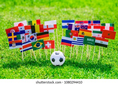 MOSCOW, RUSSIA - APRIL, 24, 2018: All Nations Flag Of FIFA Football World Cup 2018 In Russia. Fans Support Concept Photo.
