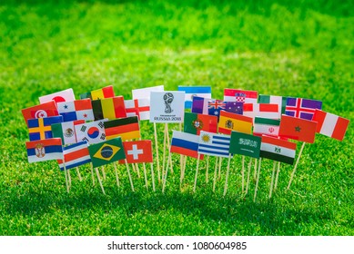 MOSCOW, RUSSIA - APRIL, 24, 2018: All nations flag of FIFA Football World Cup 2018 in Russia. Fans support concept photo.