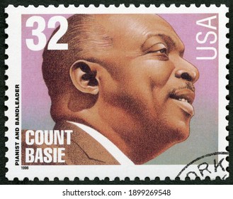 MOSCOW, RUSSIA - APRIL 26, 2018: A Stamp Printed In USA Shows William James Count Basie (1904-1984), Jazz Composer, Pianist And Bandleader, 1996