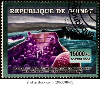 Moscow, Russia - April 27, 2021: Stamp Printed In Guinea, Shows Landing Of Normandy On June 06, 1944, Series World War II, Circa 2006