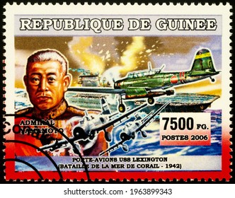 Moscow, Russia - April 27, 2021: Stamp Printed In Guinea, Shows Yamamoto Admiral And Coral Sea Battle (1942), USS Lexington, Series World War II, Circa 2006