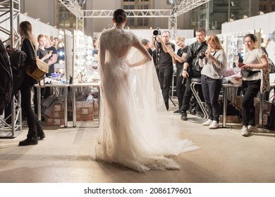 Moscow, Russia, April 3, 2019: Model Poses For Photographers Behind The Scenes Before A Fashion Show 