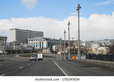 Moscow, Russia - April 4, 2020: Coronavirus. Quarantine In Russia, Moscow, Empty Streets. Covid 19.