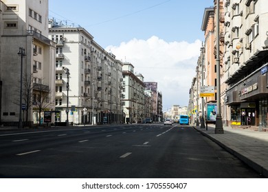 Moscow, Russia - April 4, 2020: Coronavirus. Quarantine In Russia, Empty Moscow. Covid 19.