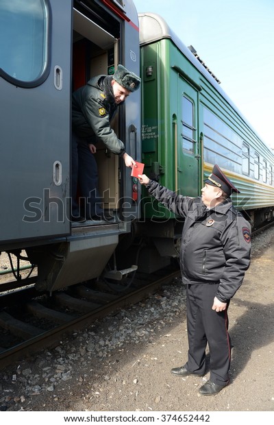 MOSCOW, RUSSIA - APRIL 8,\
2014: Employees of the transport police at the station\
Moscow-Paveletskaya.