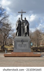 Moscow, Russia, April 9, 2021: Monument to brothers Cyril and Methodius - enlighteners, creators of Slavic alphabet, on Lubyansky passage, not far from Slavyanskaya Square. Sculptor is Vyacheslav Klyk