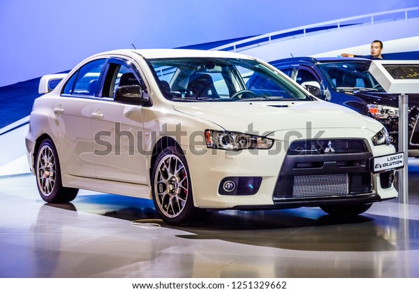 MOSCOW, RUSSIA - AUG\
2012: MITSUBISHI LANCER EVOLUTION X presented as world premiere at\
the 16th MIAS (Moscow International Automobile Salon) on August 30,\
2012 in Moscow, Russia