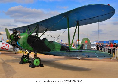 MOSCOW, RUSSIA - AUG 2015: General-purpose Soviet Biplane Po-2 U-2 Kukuruznik Presented At The 12th MAKS-2015 International Aviation And Space Show On August 28, 2015 In Moscow, Russia