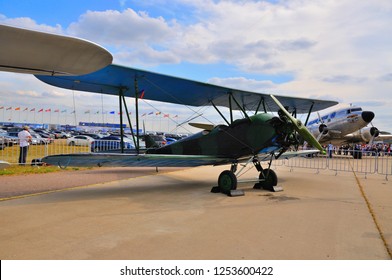 MOSCOW, RUSSIA - AUG 2015: General-purpose Soviet Biplane Po-2 U-2 Kukuruznik Presented At The 12th MAKS-2015 International Aviation And Space Show On August 28, 2015 In Moscow, Russia