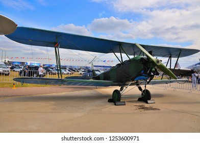 MOSCOW, RUSSIA - AUG 2015: General-purpose Soviet Biplane Po-2 U-2 Kukuruznik Presented At The 12th MAKS-2015 International Aviation And Space Show On August 28, 2015 In Moscow, Russia