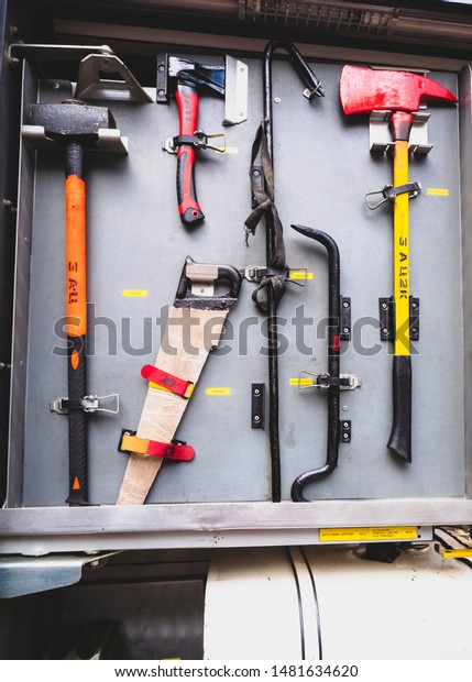 MOSCOW, RUSSIA - AUGUST 07, 2019: Fire station.\
eqipment, tools and devices for firefighters. Fire truck and fire\
negine interior.