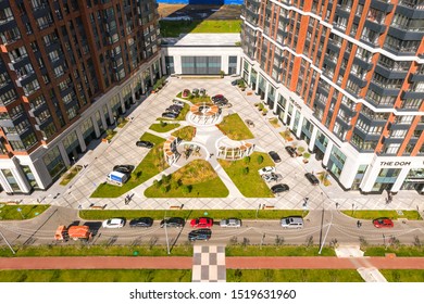 Moscow, Russia - August 11, 2019: Panoramic View Of The Parking Area In Residential Complex Heart Of The Capital (Serdtse Stolitsy) In Moscow. Top View Of Parking Area In Modern Building.