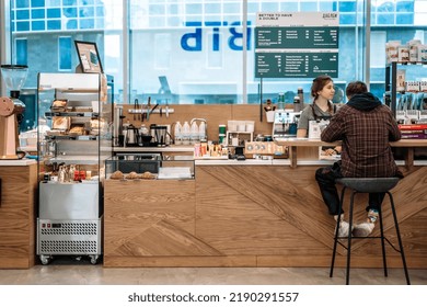 Moscow, Russia - August 14, 2022: Coffee Shop In The Moscow Business Center. Small Private Business In Russia During Sanctions And Crisis Concept.