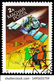 MOSCOW, RUSSIA - AUGUST 19, 2019: Postage Stamp Printed In Hungary Shows USSR Vega And Bayeaux Tapestry Detail, Halley's Comet Serie, Circa 1986