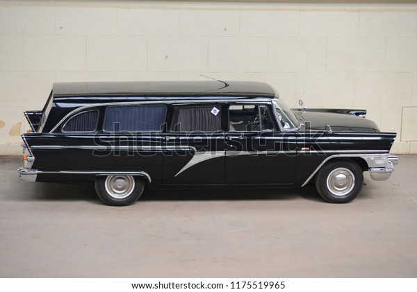 MOSCOW, RUSSIA - AUGUST 2, 2014:\
GAZ-13S Made in USSR 1960s medical ambulance estate luxury\
limousine car. Soviet Russian old cars exhibition on\
VDHKh.