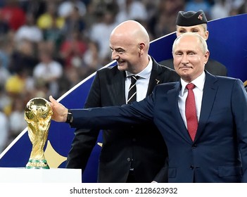 Moscow -Russia August 20, 2018, President of Russia Vladimir Putin, during the World Cup Champion Trophy Award Ceremony alongside FIFA President Gianni Infantino and Croatian President Kolinda Grabar
